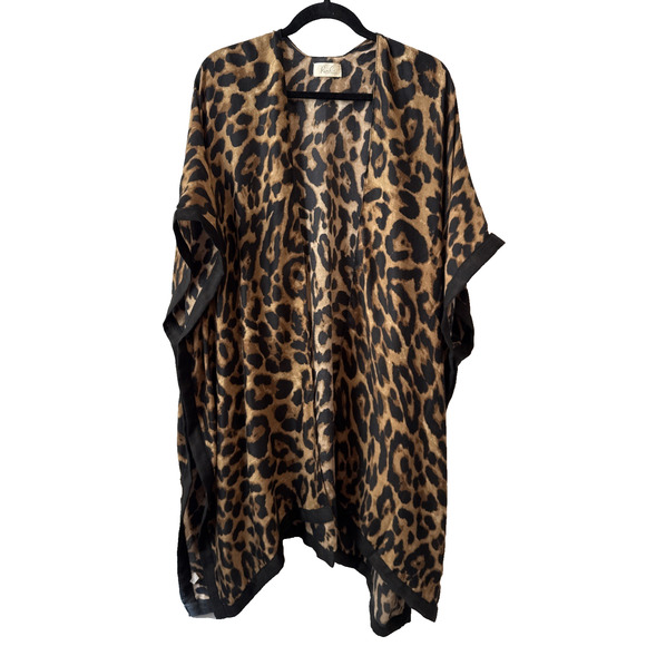 Riah Fashion Womens OS Boho Chic Leopard Black Trim Kimono Resort Beach Travel - Picture 1 of 7